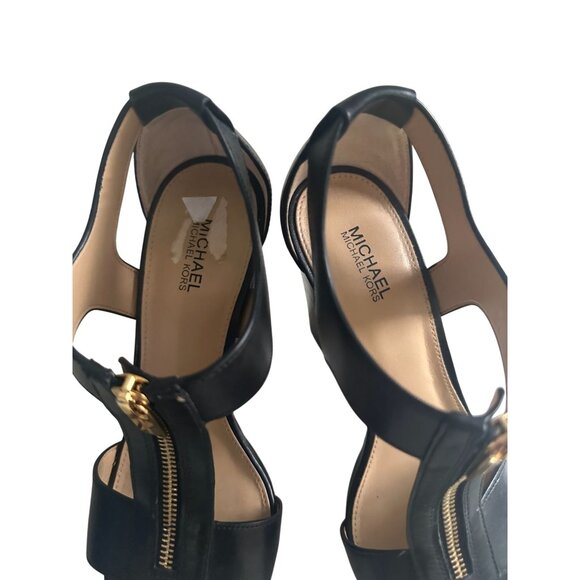 MICHAEL KORS Black Gold Leather Platform Zip Heels Size 7 - Picture 5 of 10